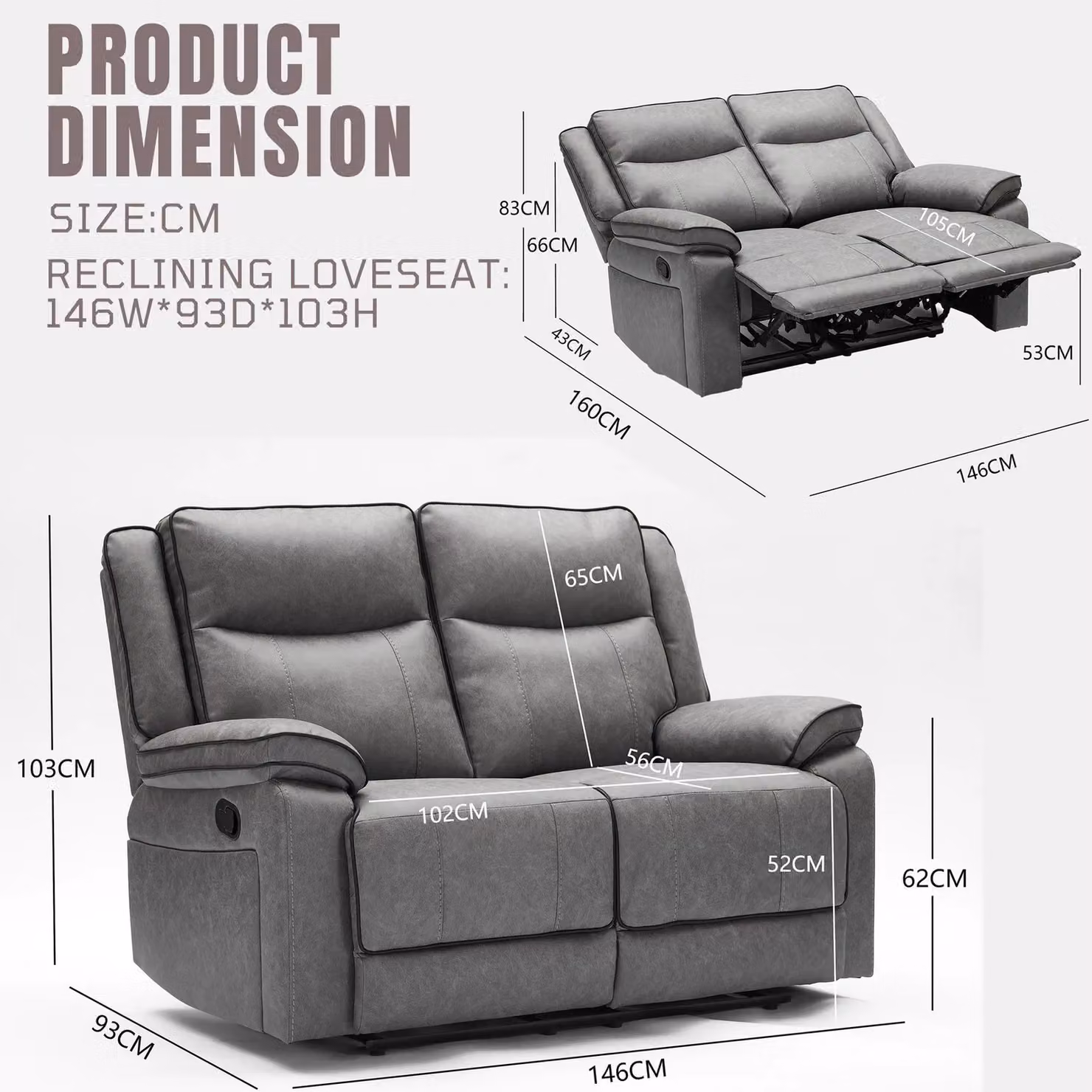 FURNITURE ONE Manual Recliner 2 Seater Loveseat Sofa in Grey with Adjustable Headrest and Footrest – 2