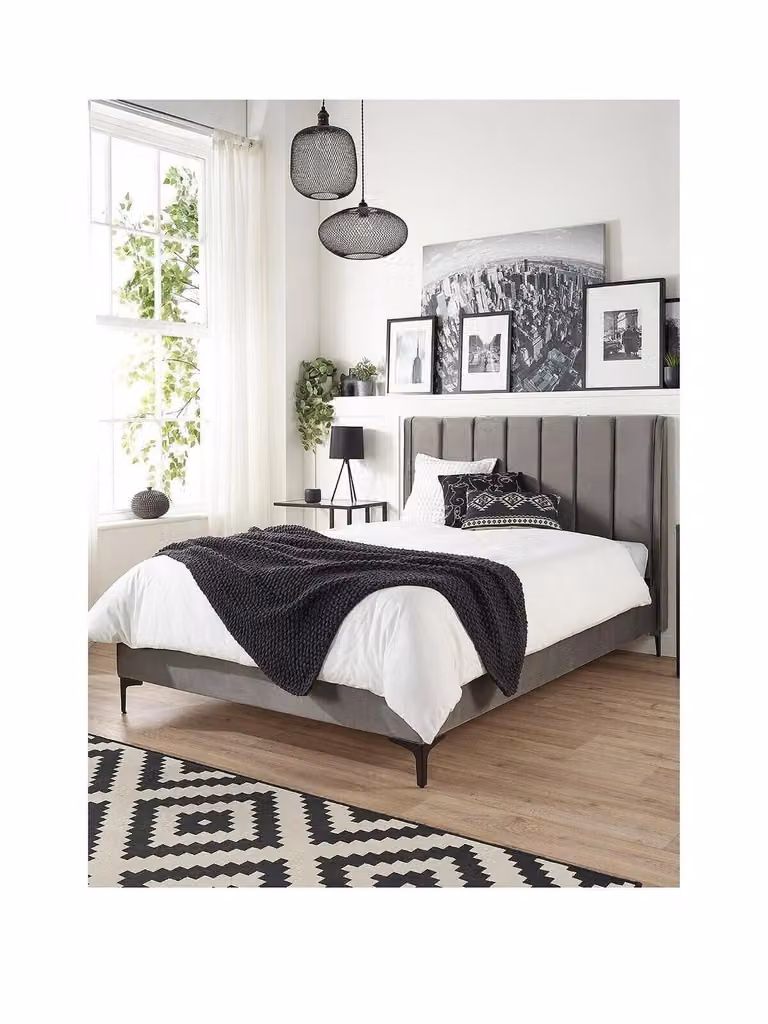 Aspire Phoebe Modern Upholstered Kingsize Bed in Grey Velvet Fabric, W/D/H: 180 x 200 cm