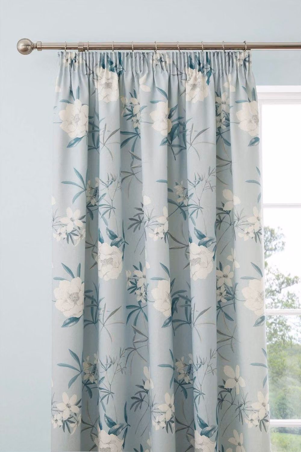 Dreams & Drapes Eve Floral 100% Cotton Pencil Pleat Curtains with Tie-Backs, Blue, Width: 117 cm, Drop: 137 cm – 2