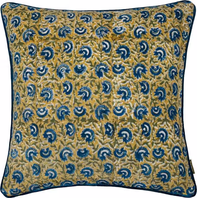 Paoletti Chedworth Floral Cotton Velvet Piped Decorative Square Cushion, Yellow and Blue, W/D/H: 50 x 50 x 50 cm