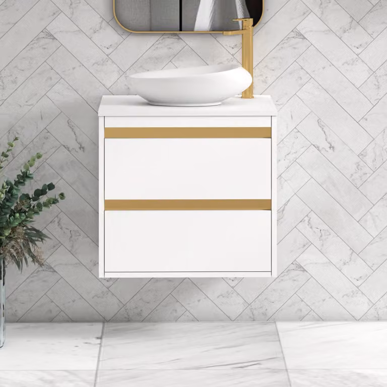 Royal Bathrooms Orion 600mm Matt White Wall Hung 2 Drawer Vanity Unit with Nova Basin and Brushed Brass Accent Trim