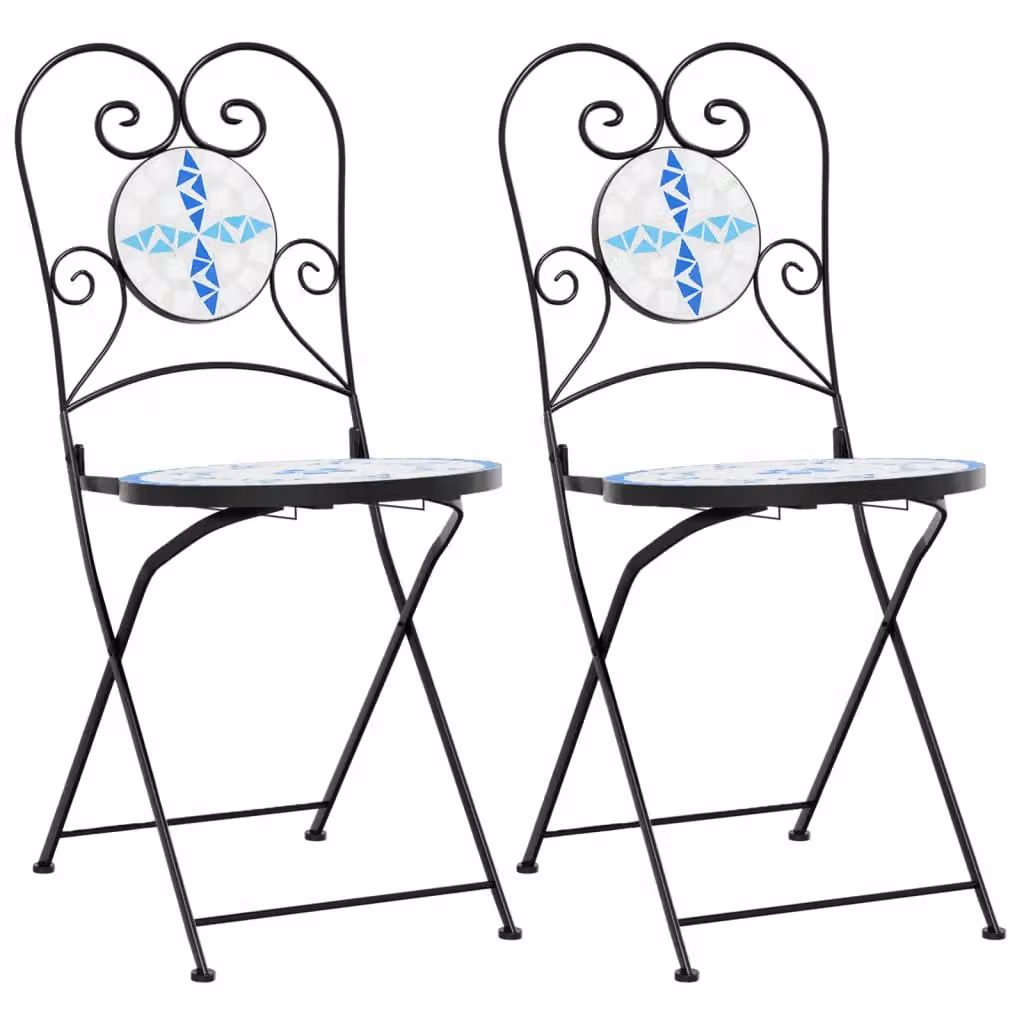 Berkfield Home Bistro Chairs Set of 2, Blue and White Geometric Ceramic and Metal Foldable Chairs – 2