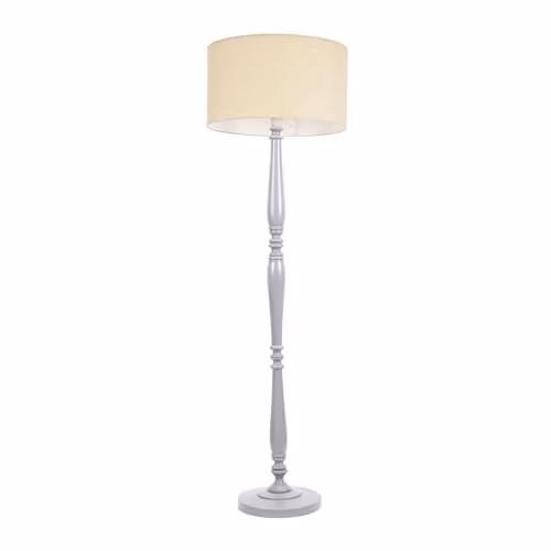 ValueLights Traditional Grey Wood Candlestick Floor Lamp with Beige Fabric Drum Shade and LED Bulb, H 155 cm x W 45 cm x D 45 cm