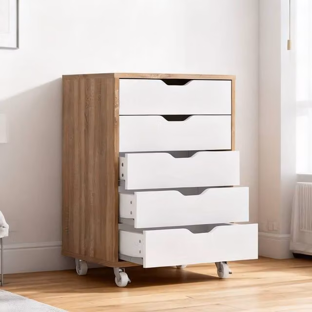 ERGOVEXA Five-Drawer Filing Cabinet with Castors, Oak and White