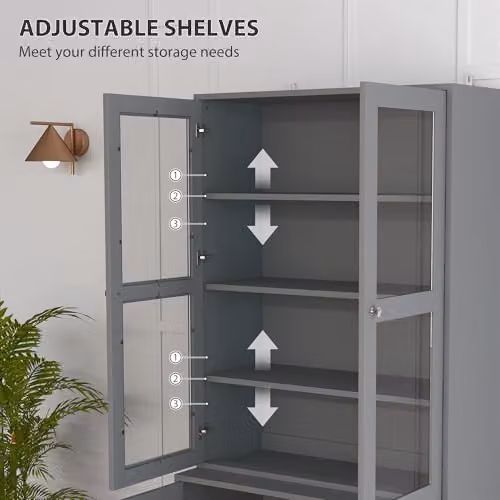 HOMCOM Modern Grey Display Storage Cabinet with Glass Doors and Adjustable Shelves, H 178.5 x W 76.0 x D 40.0 cm – 4