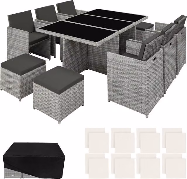 tectake Modern New York Rattan Garden Furniture Set with Glass Top and Protective Cover in Grey and Beige