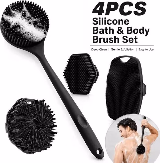 VOGREX 4-Piece Soft Silicone Non-Slip Body Scrub Brush Set in Black – 1