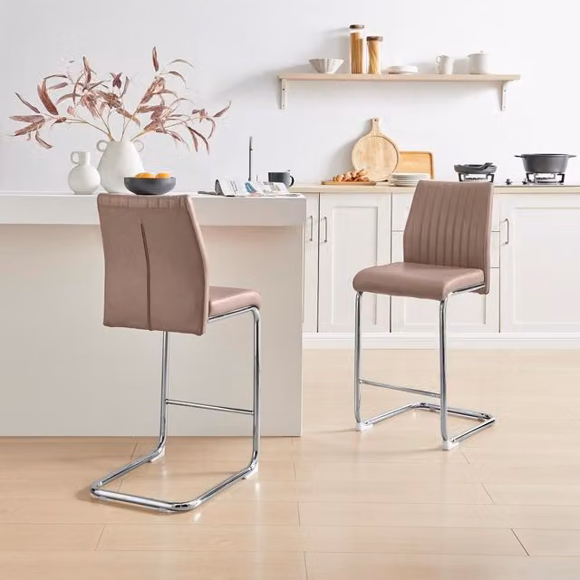 FurnitureboxUK Lorenzo Set of 2 Beige Faux Leather Bar Chairs with Silver Metal Cantilever Base