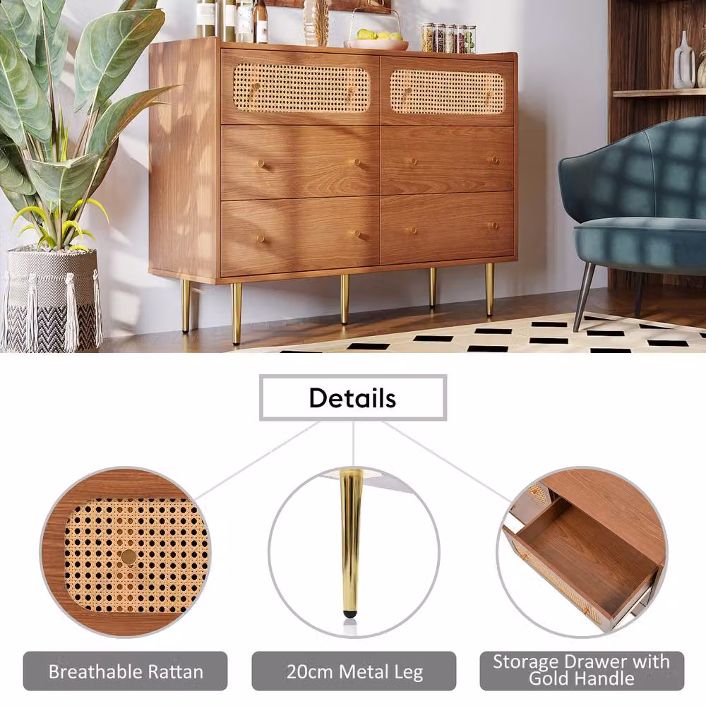 Merax Rattan Sideboard Chest of Drawers with Rounded Corners in Walnut and Gold – 3