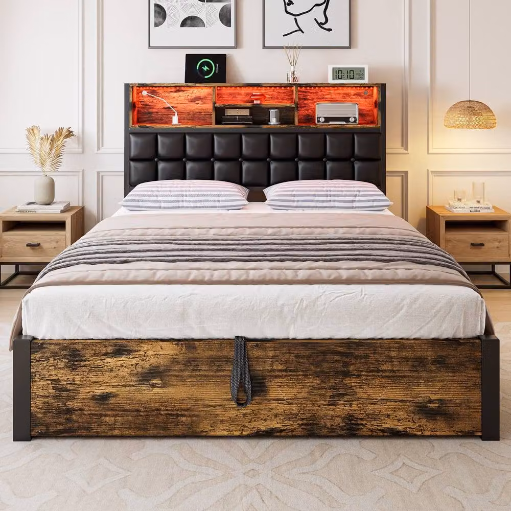 ModernLuxe Walnut Double Ottoman Bed with LED Lights, USB Charging Port and Storage Headboard, W/D/H: 140 x 190 x 141 cm – 4