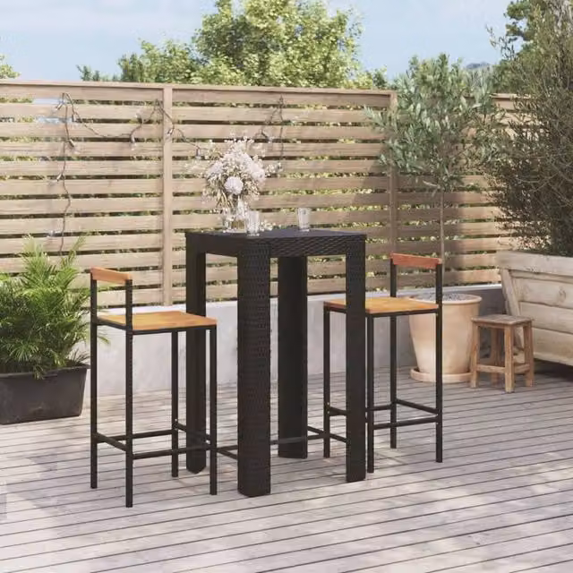 Berkfield Home 3 Piece Garden Bar Set in Black Poly Rattan and Solid Acacia Wood – 1