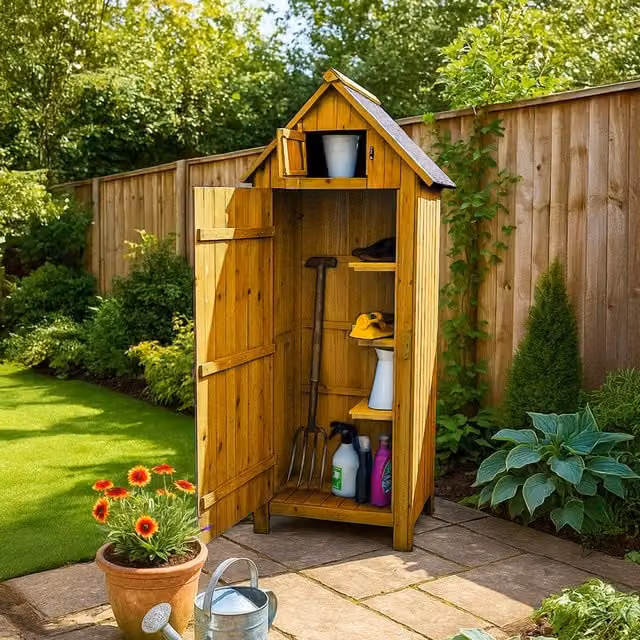 Jack Stonehouse Tall Slim Wooden Outdoor Garden Storage Shed with Shelving in Rustic Brown and Yellow Lacquered Finish