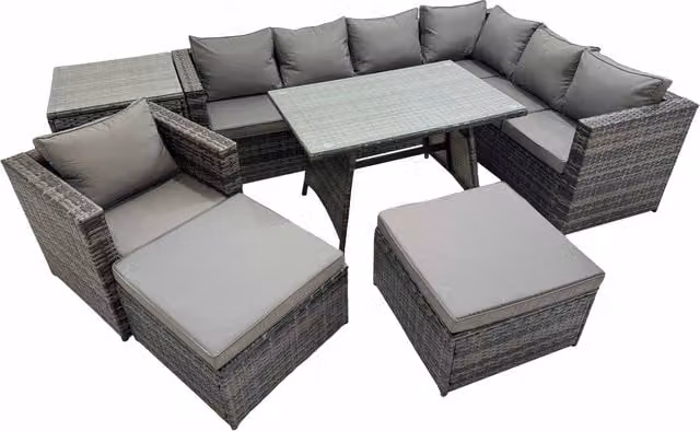 Fimous Dark Grey Mixed PE Rattan Garden Furniture Set with Dining Table and Cushions