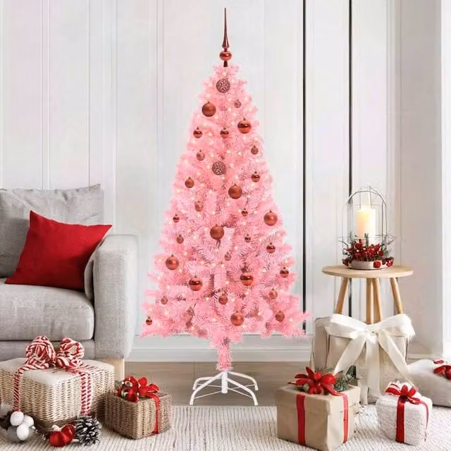 Berkfield Home Pink PVC Christmas Tree with 150 LEDs and Stand, Height: 150 cm – 1