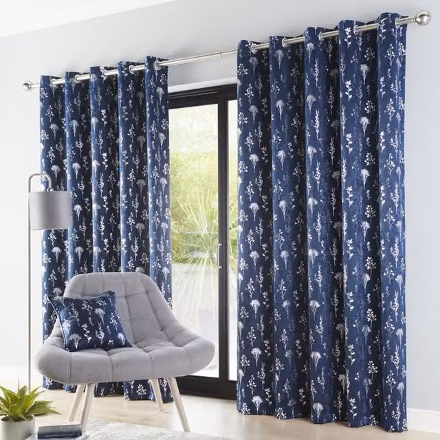 Terrys Fleur Ready Made Eyelet Blockout Curtains, Blue and Silver Floral Design, Thermal Insulating
