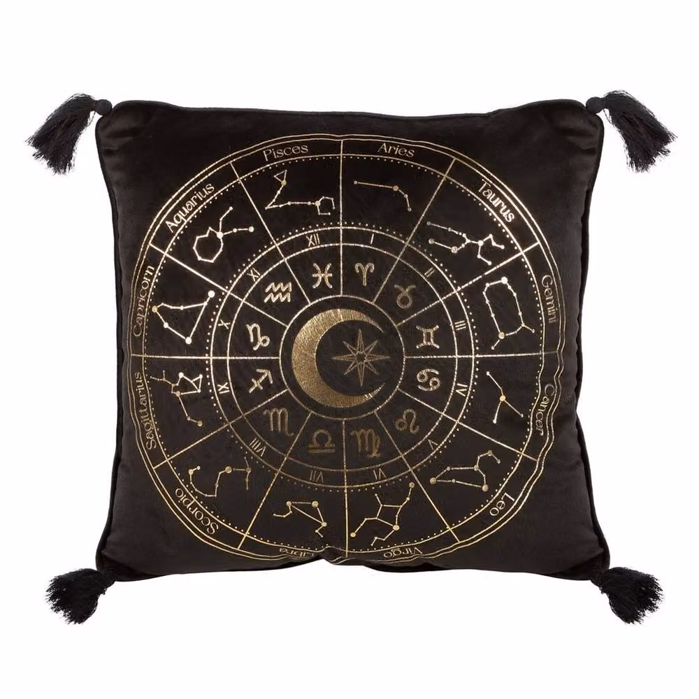 Uniqueful Black and Gold Astrology Wheel Square Cushion with Star Graphics, W: 35 cm x H: 35 cm – 2
