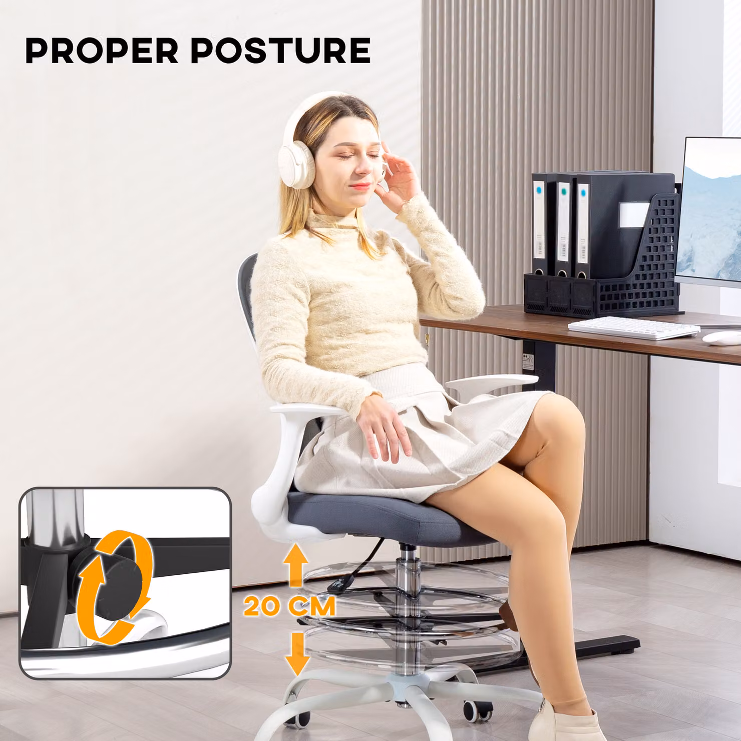 HOMCOM Grey Fabric Ergonomic Drafting Chair with Flip-up Armrests and Adjustable Foot Ring – 5