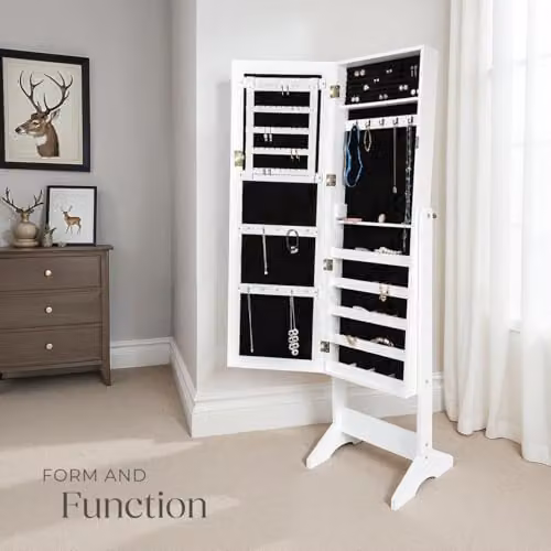tectake Mirror Jewellery Cabinet with Stable Stand and Lockable Storage, White – 4