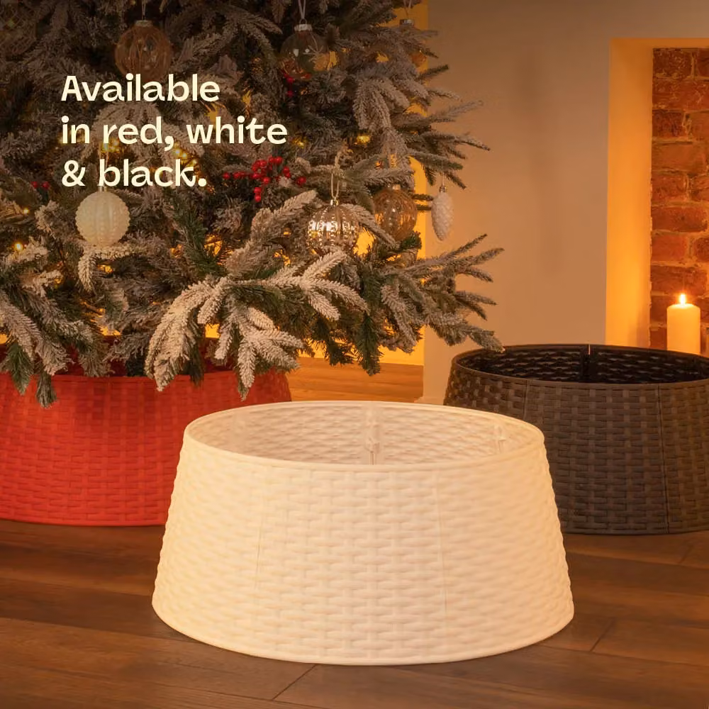Christmas Village Round Faux Rattan Christmas Tree Skirt in Black and Red, Base Diameter: 65 cm – 5