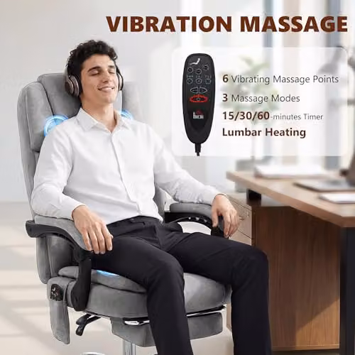HOMCOM Grey Velvet Executive Office Chair with Vibration Massage, Heated Lumbar and Footrest, H: 120 cm, W: 75.5 cm, D: 65.5 cm – 3
