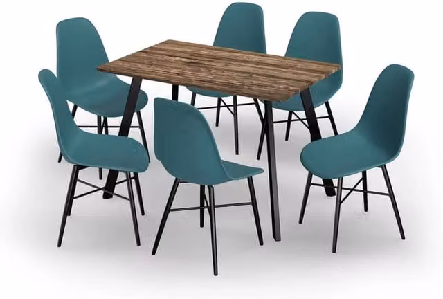 URBNLIVING Modern Dining Set with 110cm Oak Table and 6 Ocean Blue Tulip Chairs