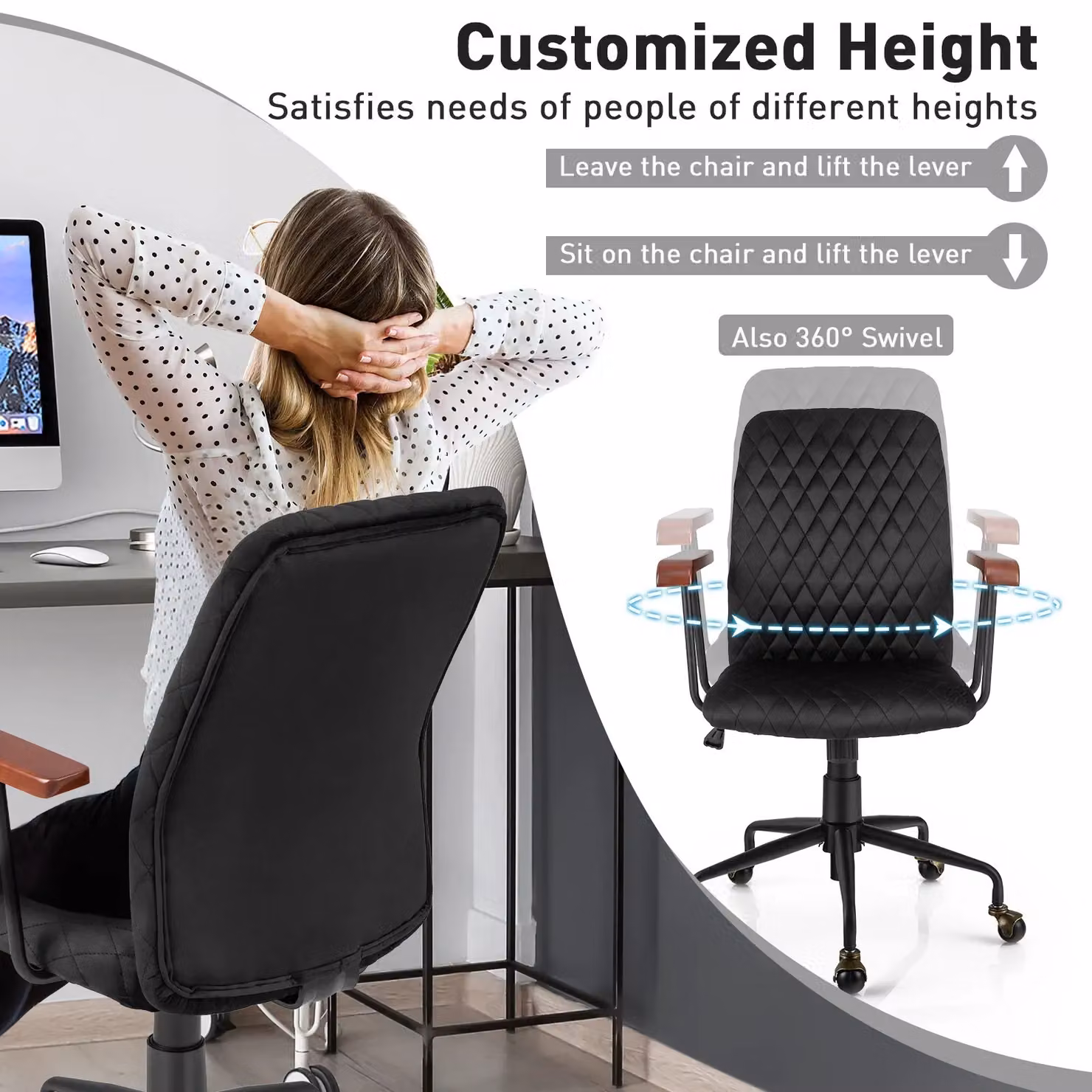 Costway Black Velvet Swivel Task Chair with Armrests and Castors for Home Office – 4