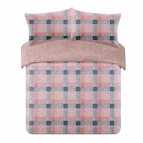 Dreamscene Check Teddy Fleece Duvet Cover and Pillowcase Set in Pink and Grey, Double, W/D/H: 140 x 200 cm