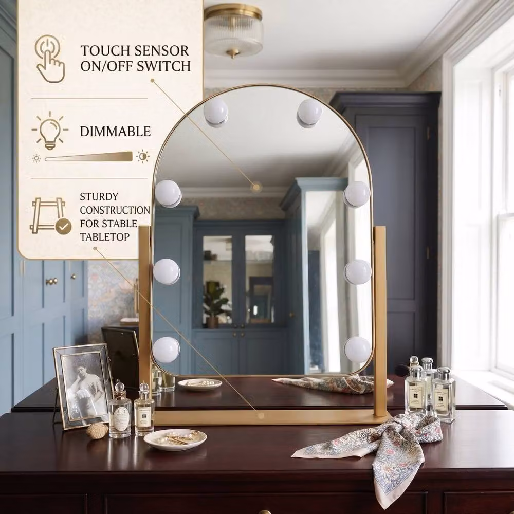 HOME LUXE INTERIOR Gold LED Tabletop Vanity Mirror with Dimmable Touch Sensor Lights – 5