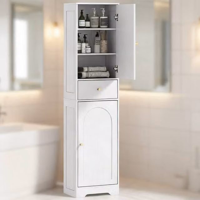 ERGOVEXA Tall Freestanding Bathroom Cabinet with Arched Hinged Doors and Internal Shelves, White and Gold, H 170 x W 40 x D 29.5 cm – 1