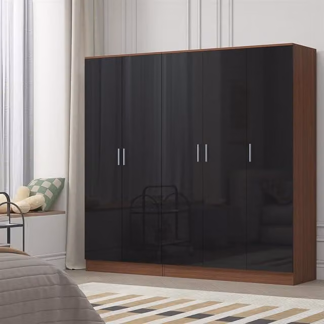 REFLECT Gloss Wardrobe Bundle with 3-Door and 2-Door Plain Designs in Black Gloss and Matt Walnut