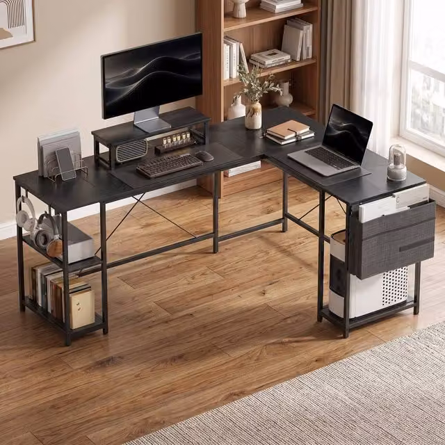 STILVORA L-Shaped Corner Desk with Storage and Monitor Stand in Black