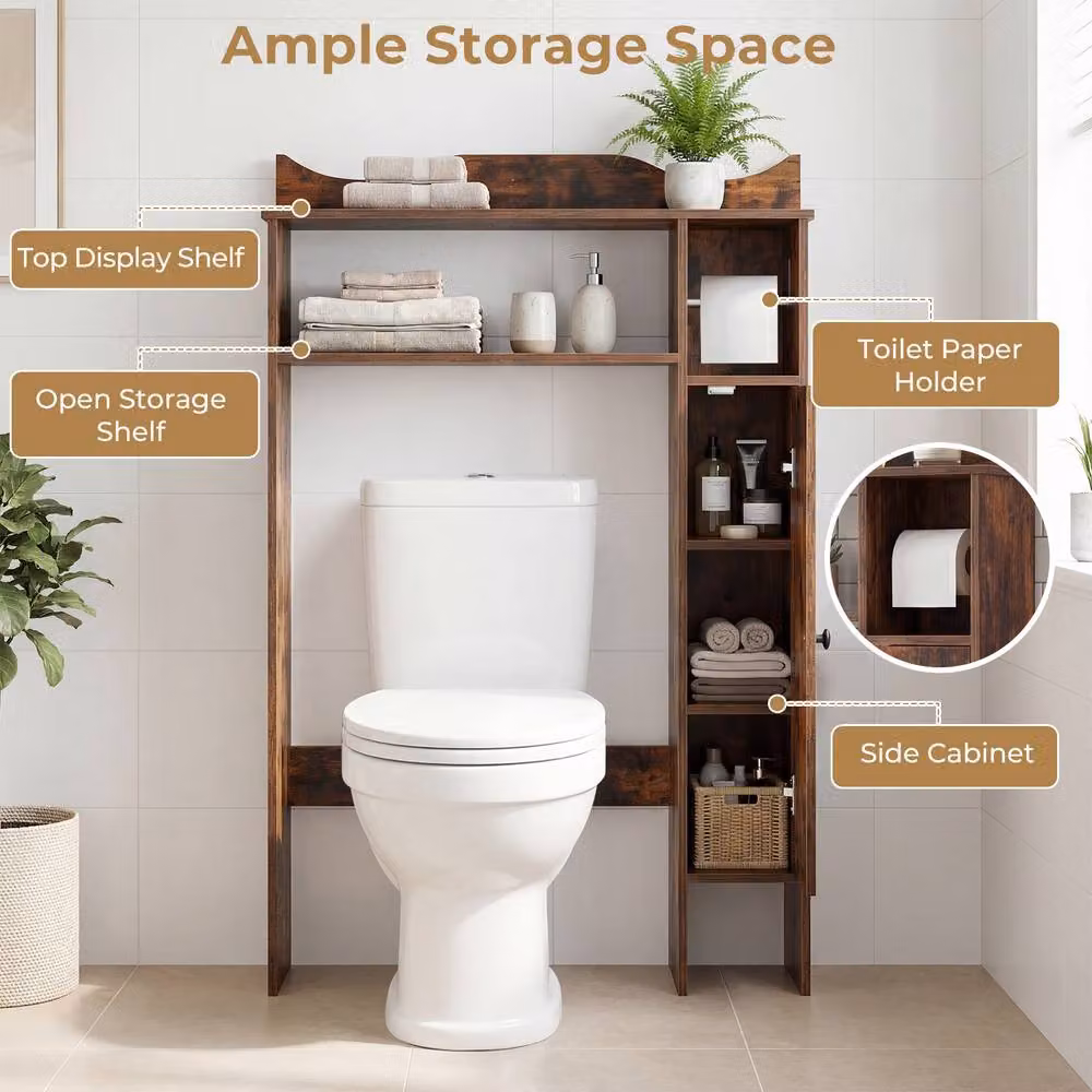 Costway Over The Toilet Storage Cabinet with Toilet Paper Holder in Brown – 7