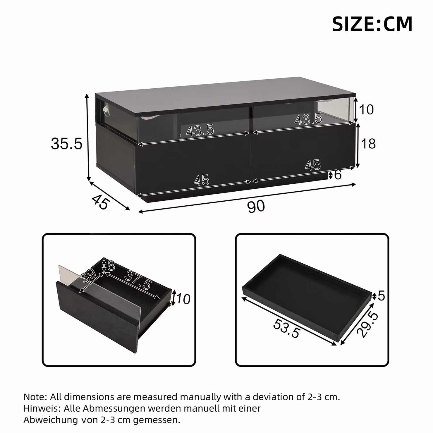 Aosom UK High-Gloss 3-Tier Coffee Table with Removable Tray and App-Controlled LED Lights, Black, W: 90 cm, D: 45 cm, H: 35.5 cm – 3