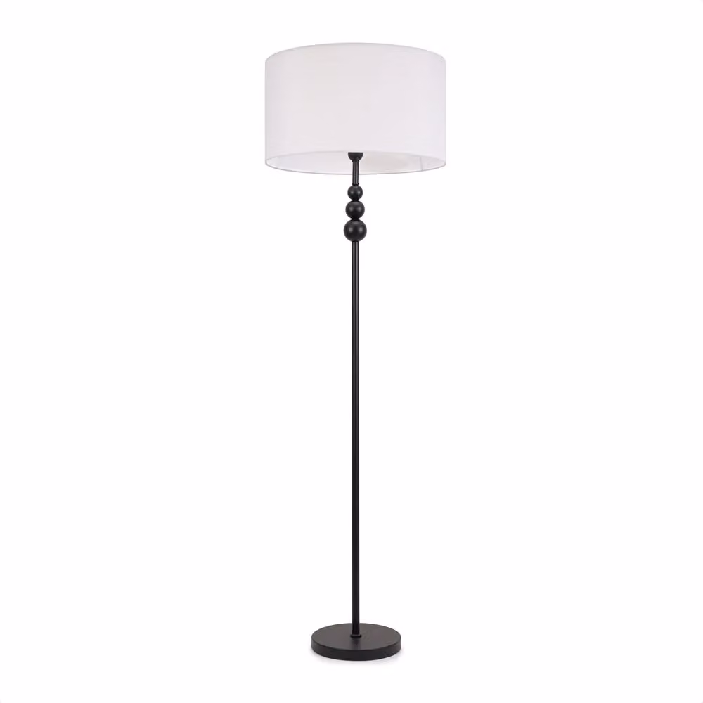 ValueLights Matt Black Stacked Ball Floor Lamp with White Fabric Drum Shade and LED Bulb – 2
