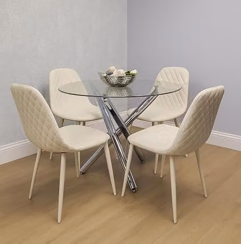 KOSY KOALA Modern Round Clear Glass Dining Table Set with 4 Beige Chairs