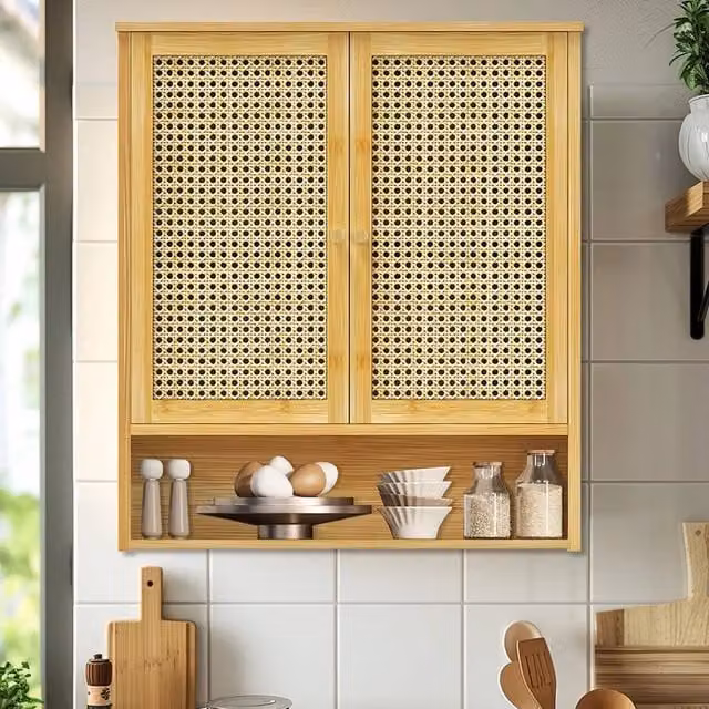 KORVIXA 3 Tier Wall Mounted Wooden Bathroom Medicine Cabinet in Natural Brown, W: 70 cm, H: 65 cm