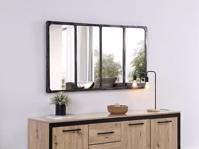 Vente-unique Maastricht Industrial Iron Window Mirror in Black, W: 140 cm, H: 75 cm – 1