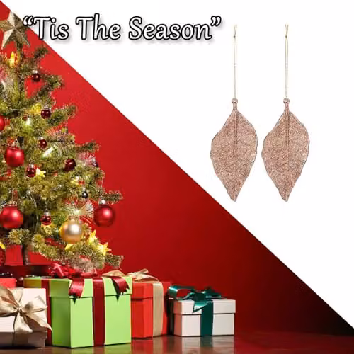 VFM e-Store Rose Gold Glitter Hanging Leaf Christmas Tree Decoration, 22.6 cm – 6