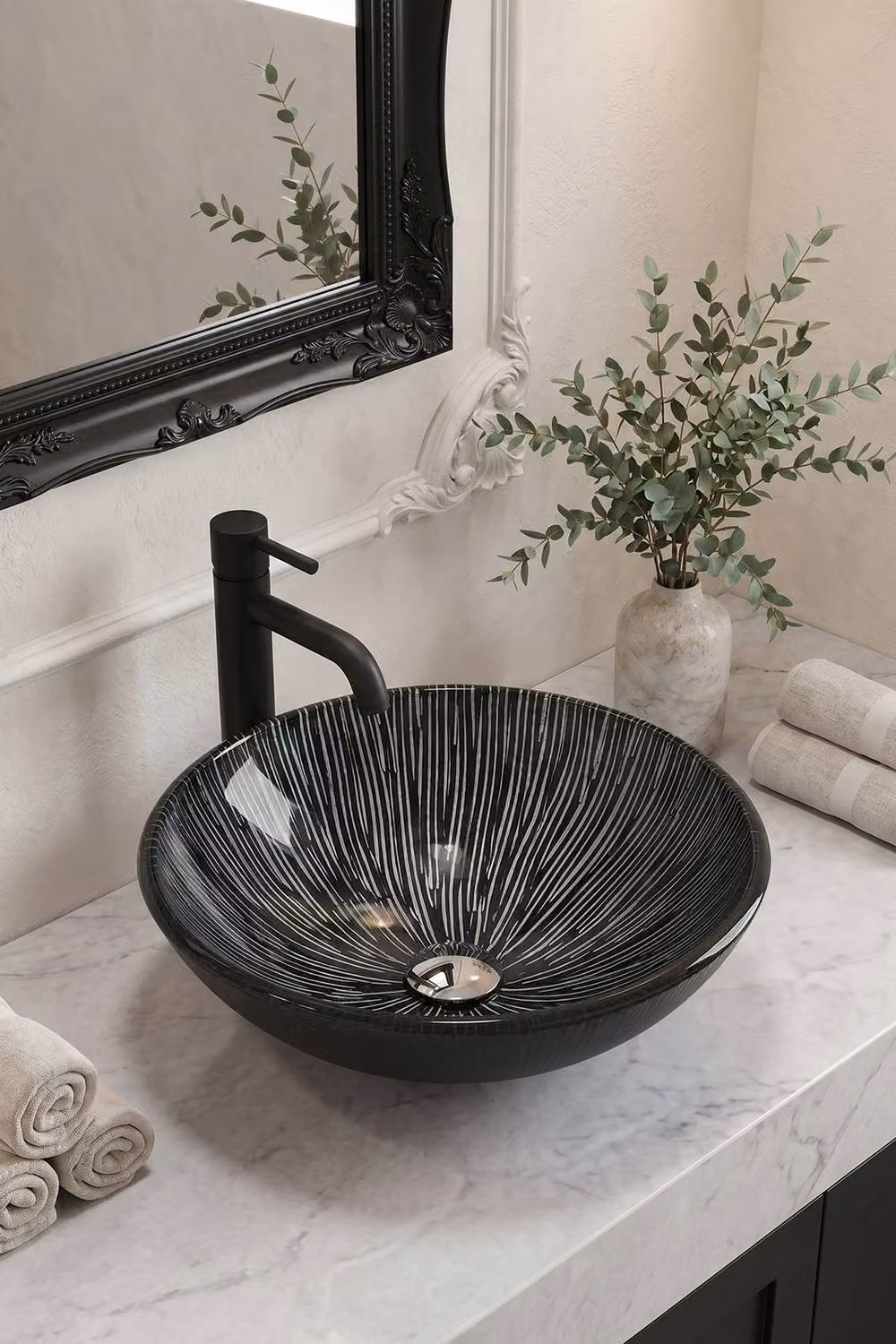 Living and Home Black Round Glass Countertop Vessel Sink – 2