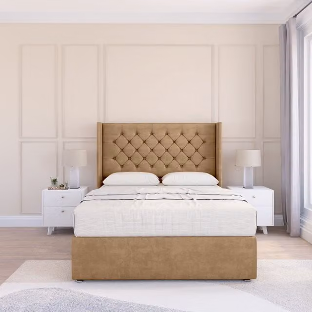 Sloomy Dior Dumfries Wingback Bed Set in Light Beige, Velvet Upholstered with Floor Standing Headboard, W/D/H: 180 x 200 cm