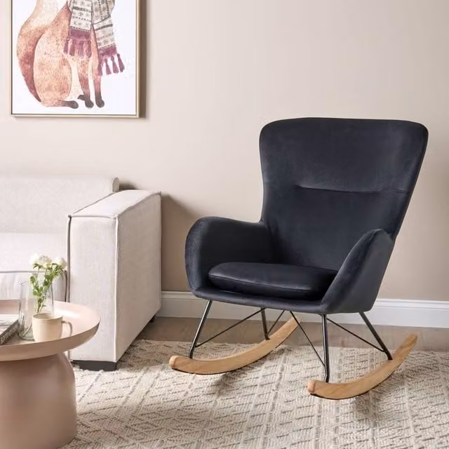 Wyld and Coco Black Velvet Rocking Chair with Metal and Rubberwood Legs