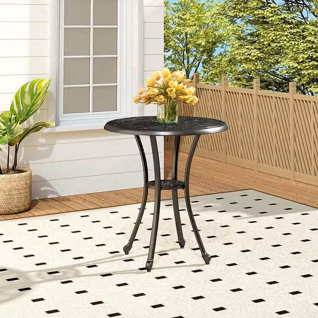 Livingandhome Phoenix Pattern Round Metal Patio Garden Table with Umbrella Hole, Black