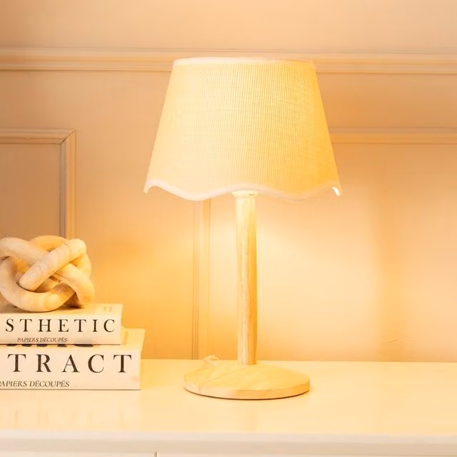 ValueLights Triston Natural Wood Stem Table Lamp with White Scallop Trim Tapered Fabric Shade