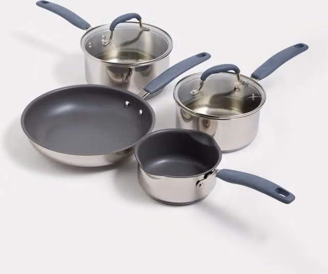 M&S 4 Piece Non-Stick Stainless Steel Pan Set with Silicone Details, Silver