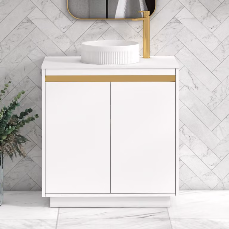 Royal Bathrooms Orion 800mm Matt White Floor Standing 2 Door Vanity Unit with Round Basin and Brushed Brass Accent Trim