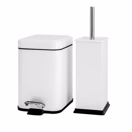 Harbour Housewares 3L Square Stainless Steel Pedal Bin and Toilet Brush Set in White