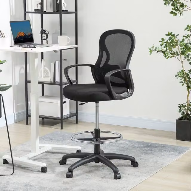 Vinsetto Black Fabric Drafting Office Chair with Adjustable Height, Armrests and Castors