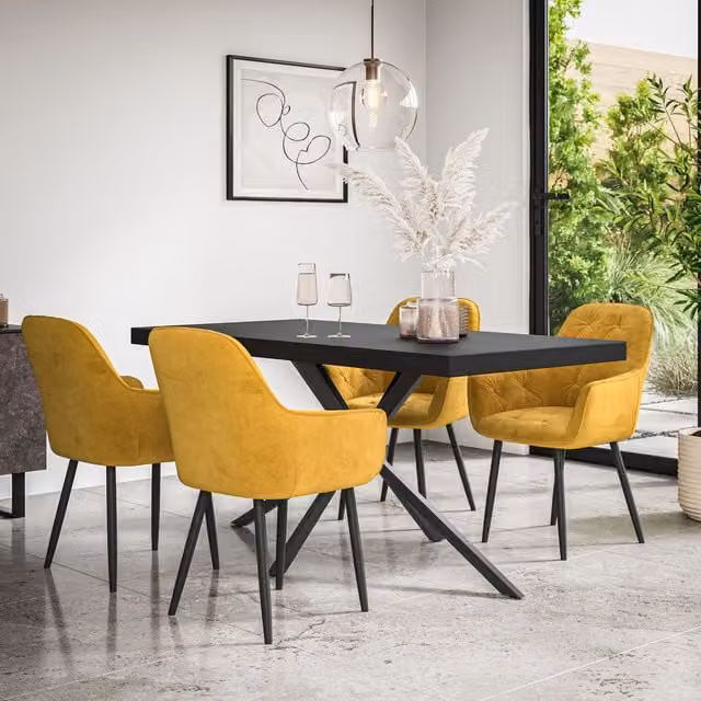 More4Homes Donni Dining Table and Anika Velvet Dining Chair Set of 4, Black and Mustard
