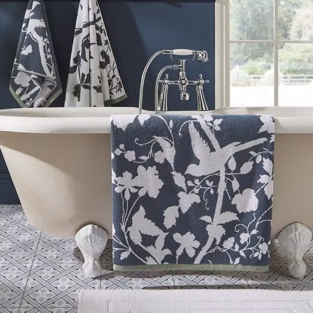 Laura Ashley Oriental Garden Floral Cotton Terry Towel in Dusky Seaspray Blue
