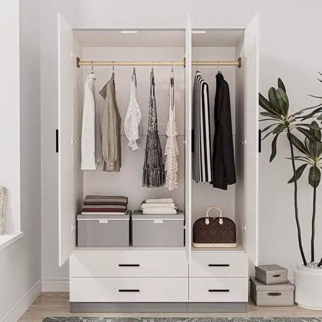 URBNLIVING Modern 3 Door Wardrobe with 4 Drawers, White, H 180 x W 108 x D 46 cm